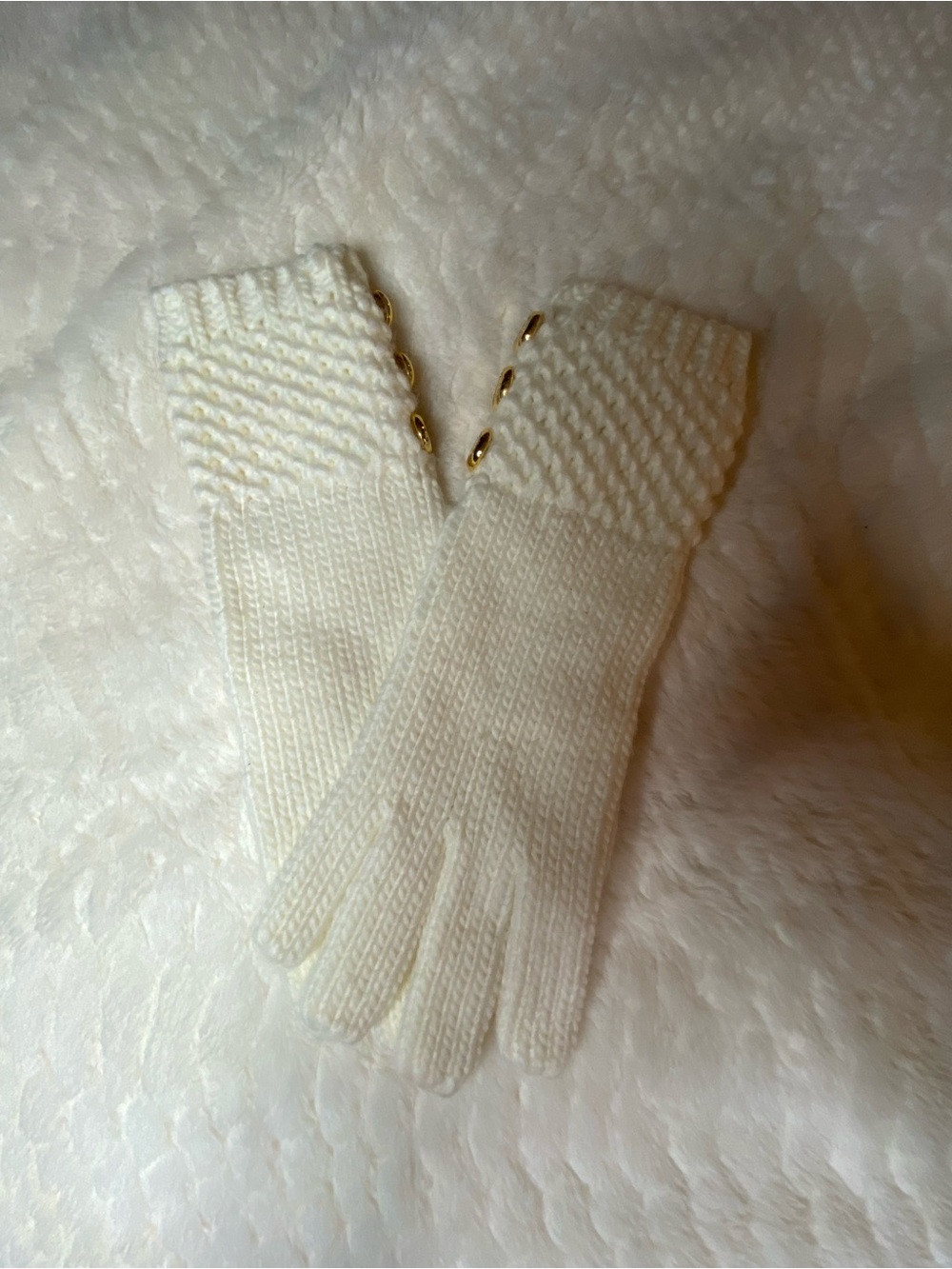 Long Cream Knit Women's Gloves with Gold Button Accents